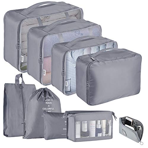 Koffer Organizer 9 Teilig, Kleidertaschen Set, Packing Cubes, Kleidertaschen Verpackungswürfel, Kofferorganizer Reise Würfel für Kleidung Kosmetik Schuhbeutel Ladekabel Aufbewahrungstasche, Grau