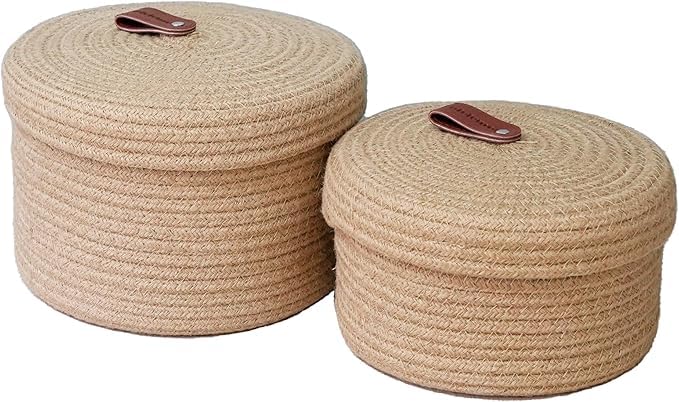 Image of [Set of 2-9.5x5 inch & 11x6.5 inch, Round, Beige] Handwoven Soft Jute Cotton Basket with Lid | Eco-Friendly, Naturally Reshapes After Filling | Ideal for Organization & Gift Hampers