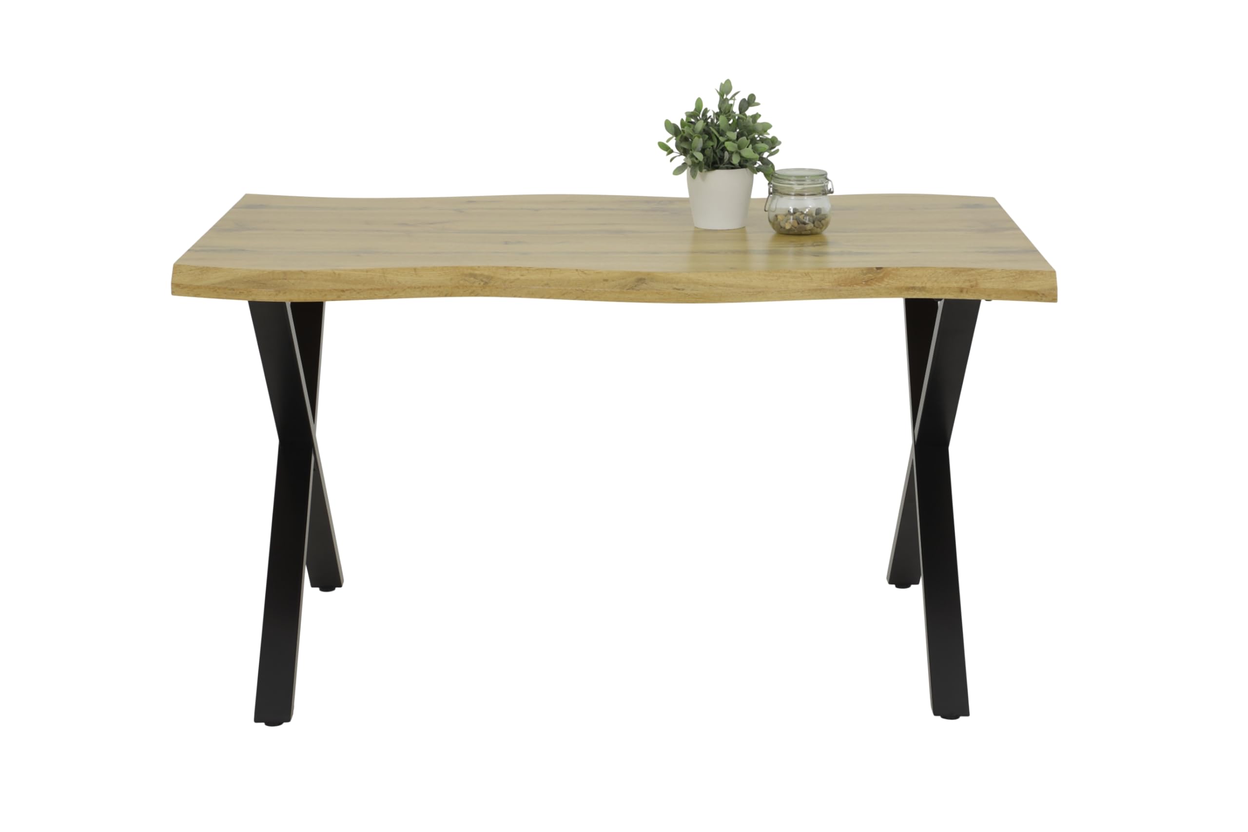 Hela Tische, Esstisch Gerda, Tischplatte 46mm Baumkantenoptik in Wildeiche, X-Gestell Metall Schwarz, 140x90cm
