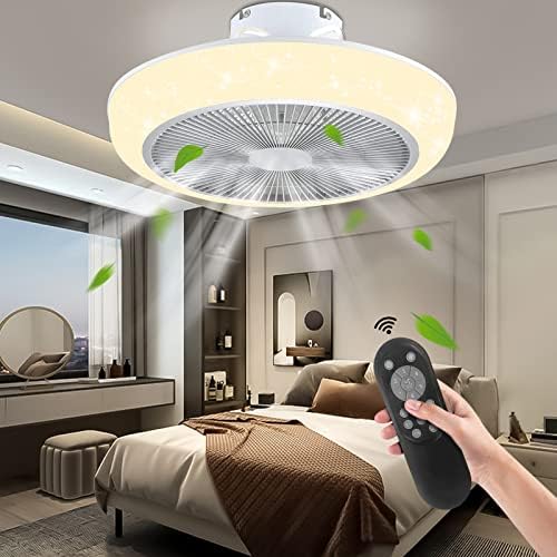 Ledeak Ceiling Fan with Light, Low Profile Flush Mount Ceiling Fans with Remote Control, 3 Colors Dimmable 6 Wind Speeds Modern Enclosed Smart Fan Light for Living Room Bedroom Kitchen