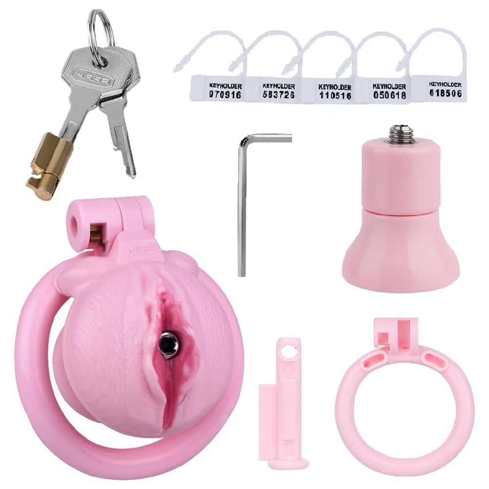 Flat Lifelike Disguised Clitoris Chastity Cage Male Pink Cock Cage Pussy Penis Chastity Devices Adult Toys, Sissy Chasity Cages with 4 Cock Ring Set, Bondage Gear Fetish Sex Toys for Gay Men