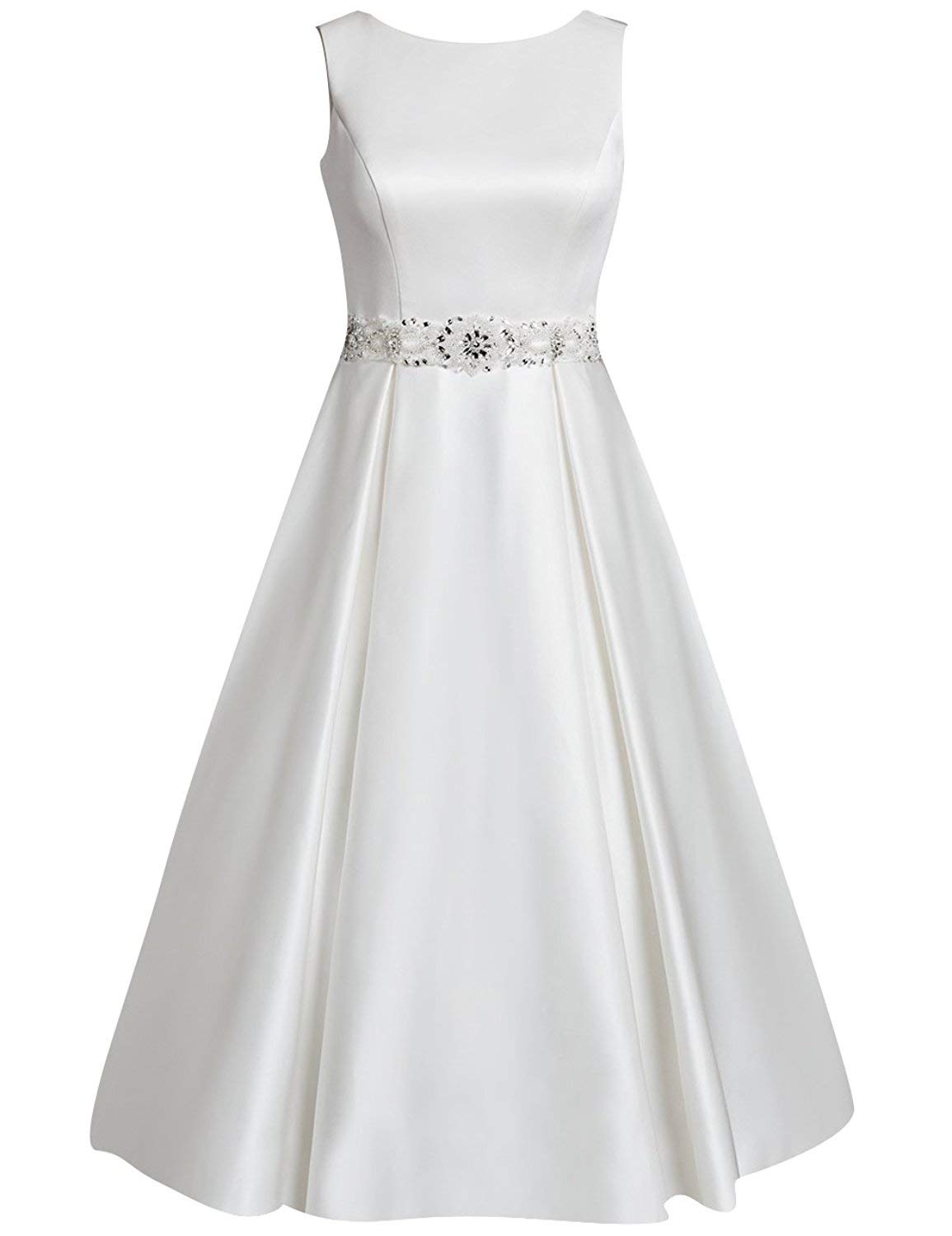 Vestido de Novia de Satén de Letra a Vestido de Novia Simple sin Mangas, WZEFEIO, Blanco, 56