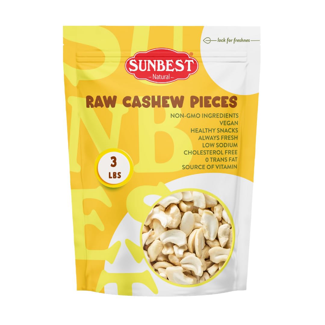 Sunbest Natural Raw Cashew Halves & Pieces, 3 lbs – Unsalted & Unroasted – Large Cashews to Eat – For Party Snacks, Baking & Topping – Rich in Plant-Based Protein & Fiber (48 oz)