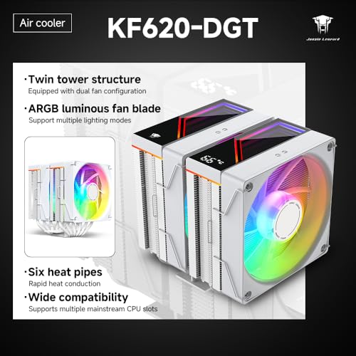 Image of KF620-DGT CPU Air Cooler, Dual ARGB PWM Fans, 6 Heat Pipes, Digital Display Top Cover - High-Performance Cooling for AMD:AM4 AM5 /Intel LGA 1700 /115X /1200 /1366 /1851 PC Cooler(White)