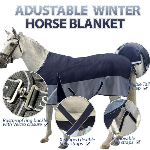 1200D Horse Blanket Turnout Sheet Waterproof and Breathable Lightweight/Medium Fill,Horse Turnout Rug for Real Horses, with Reflective Strips Design (Black/Gray 200g Fill, 81'') - Image 5