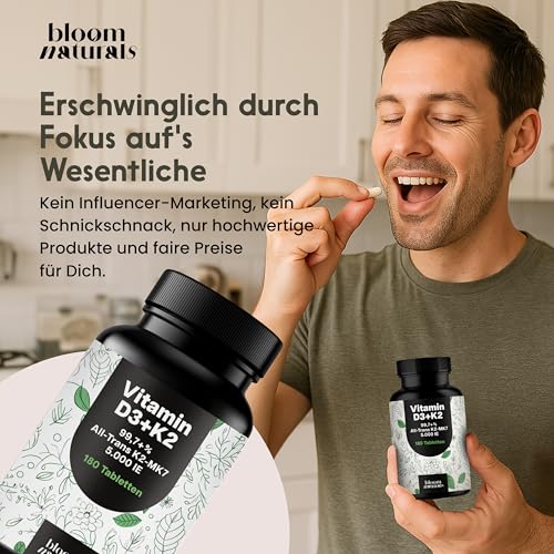 Vitamin D3 K2 5000 IE hochdosiert – 180 Tabletten – Premium 99,7+% All-Trans K2-MK7 – produziert in Deutschland Laborgeprüft - Verpackung kann variieren