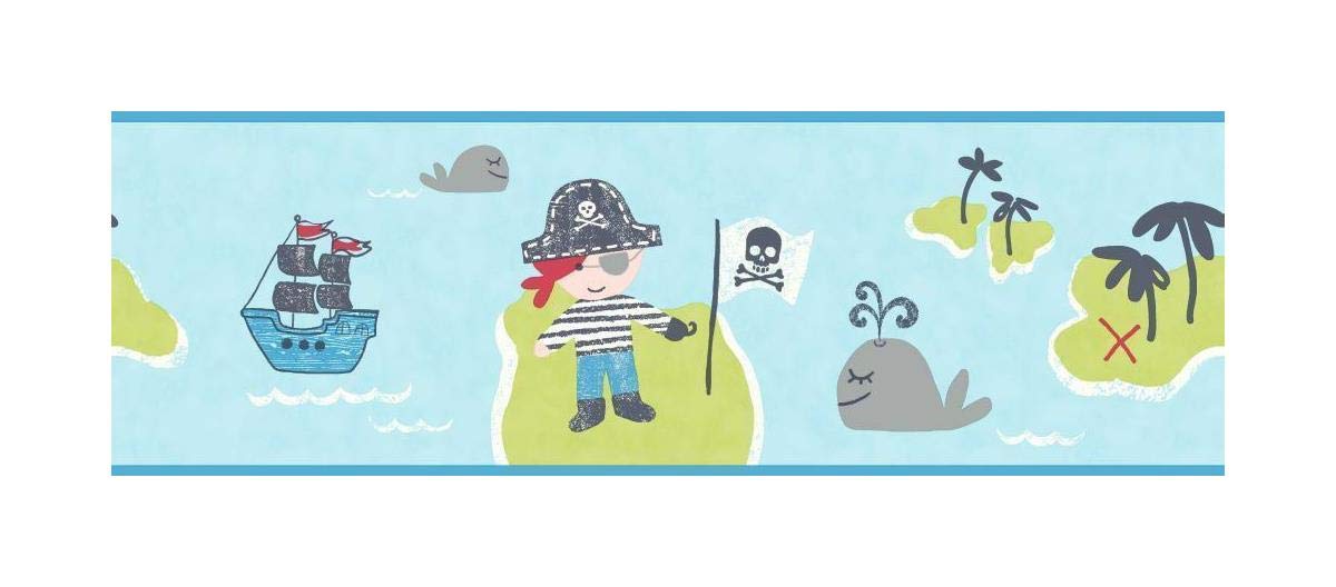 Pirates Wallpaper Border Blue Green Boats Trees Skulls Fine Decor Carousel from Y�L