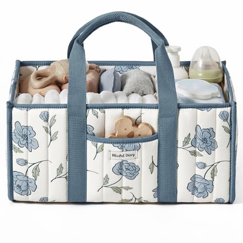 Image of Blissful Diary Floral Diaper Caddy Organizer, Stylish Nursery Storage Basket, Gift for Baby Shower, Newborn Essentials, Peony Blue
