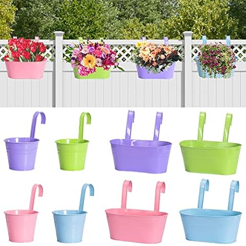 LOVOUS 8 Pack Metal Hanging Planters for Railing Balcony 10.6" & 5.1" Multicolor Hanging Flower Pot with Detachable Hooks for Deck Fence Metal Wall Planter Hanging Buckets for Herb Plants Cover