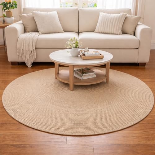 Image of Cotton Round Carpet 4x4 feet - Handmade Braided Boho Rug for Living Room, Bedroom & Balcony - Soft Washable Floor Mat, Color -Beige Solid