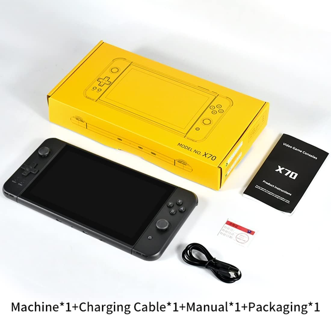 Contents of the Powkiddy X70 package including console, charging cable, and manual