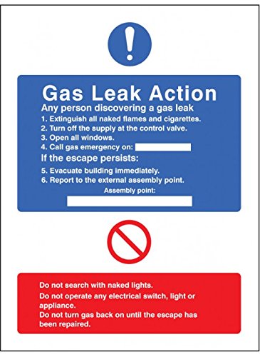 Caledonia Signs11431H Gas Leak Action Sign, Rigid Plastic, H: 300 mm x 250 mm