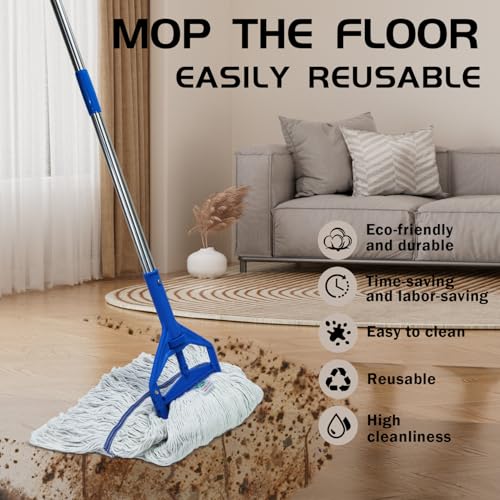 Image of Commercial Cotton Mop | Heavy-Duty Industrial Mop | 2 Replacement Heads | 152cm Stainless Steel Handle | Professional Institutional Cleaning (A)