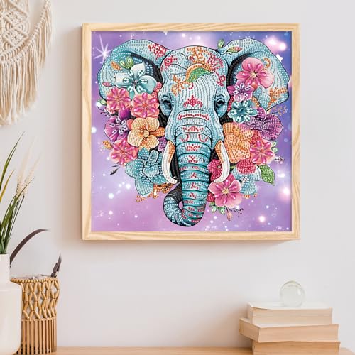 Image of AiYuanzsh Diamond Art Painting Kits for Adults, 5D Special Shape Diamond Art Kits for Beginners, Crystal Rhinestones Diamond Art Painting for Home Wall Decoration Gift 12x12inch, Elephant and Flowers