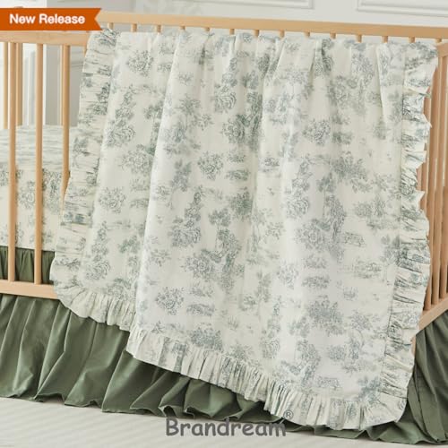 Image of Brandream Baby Crib Sheets for Girls Boys, Fitted Crib Sheet for Standard Crib and Toddler Mattress, Super Soft 100% Cotton Baby Sheet French Country Toile Floral Print,Green