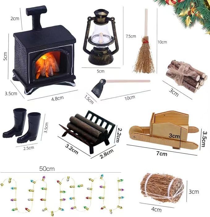 Set Accessoires Lutin De Noël Miniature – Cheminée Lumineuse, Lampe, Brouette, Bois – Déco Maison De Poupée