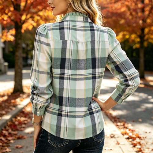 Checkered Shirt Women Dressy Casual Long Sleeve Henley Ruffle Collar Blouse - image 7