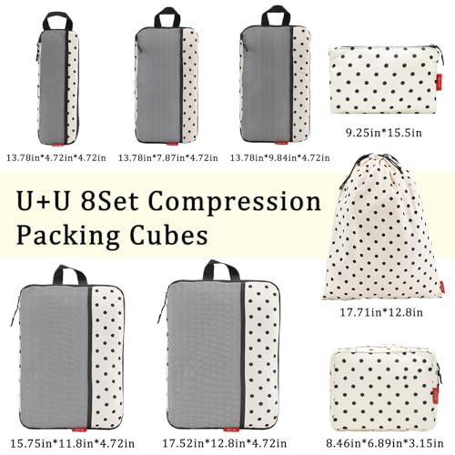 U+U 8 Set Compression Packing Cubes - Ultralight Travel Organizers with Laundry Bag and Cosmetic Bag, Space-Saving Suitcase Organizer for Travel, Business Trip and Family Vacation (Polka Dot)3