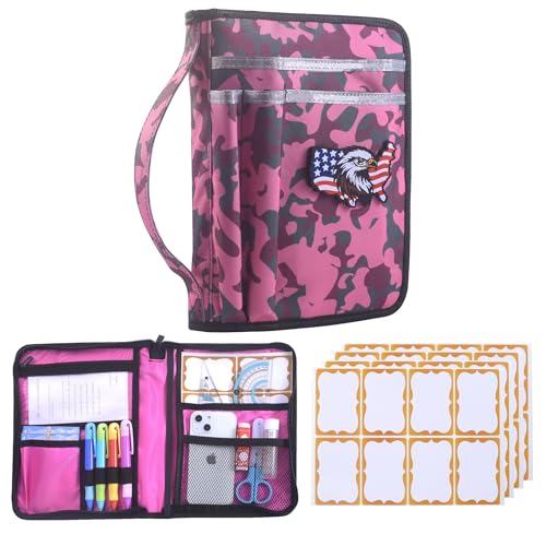 LParkin Pink Camo Scout Book Cover for Handbook 14th Edition Waterproof Book Sleeve with 32 Name Labels & Eagle Patch Unique Gifts for Girl Scouts