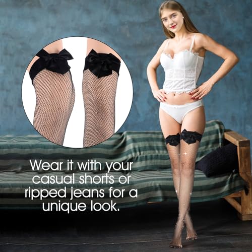Image of 2 Pcs Sexy Women's Hold-up Stockings with Black Bows and Diamond-Ironing, Sparkly Thigh High Stockings Matching with Skirt Dress Shirt, Nylon Fishnet Socks for Party Halloween (90-140 Pounds)