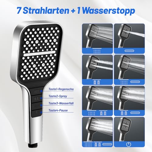 VEHHE Duschkopf Wassersparend, 7 Strahlarten Duschkopf Regendusche mit Stopptaste, Einhand-Einstellung und Anti-Stau-Silikondüse… – Ansicht 2