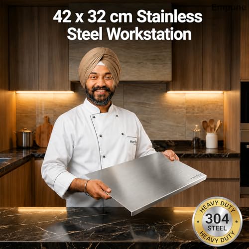 Image of Herrlich Homes 304 Stainless Steel Chopping Board with Lip for Kitchen | Free Rollin Pin | for Cutting Vegetables, Meat,Fish,Fruits | Medium | 42 x 32 cm