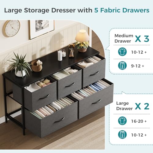 Image of OLIXIS Dresser for Bedroom with 5 Drawers, Wide Chest of Drawers, Grey | Chest of Drawers for Clothes Storage with Bins, Wide Fabric Bedroom Dresser, Wooden Top, Living Room
