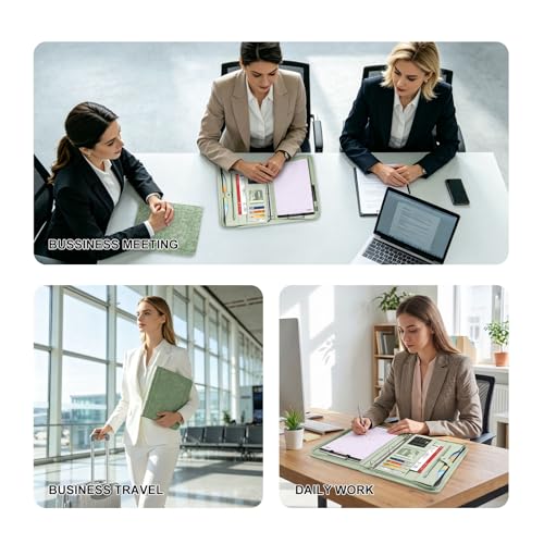 Image of Eshow Portfolio Organizer - 3 Ring Binder with Zipper, Vegan Leather Business Padfolio Folder with Notepad Includes 5 Color Sheet Protectors for Documents Files for Men Women