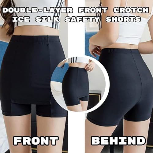 Fshway Double Layer Seamless Safety Shorts for Women | Anti-Chafing Under Skirt Shorts | Comfortable Stretch Innerwear | Smooth Crotch Coverage | Ideal for Dresses Black Pack of 1 - Image 4 thumbnail
