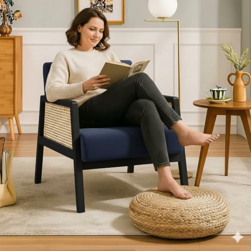 Image of Solid Sheesham Wood Arm Chair with Cushion || Cane Chairs for Balcony || Wooden Armrest Chair Garden Chairs Outdoor & Indoor || Dining Chair for Living Room Furniture Bedroom Home Walnut Finish