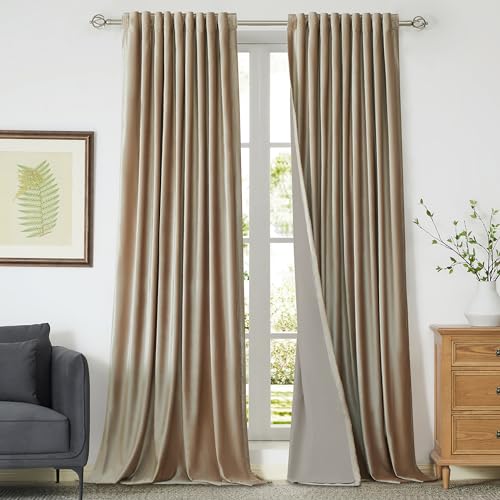 Image of 100% Full Blackout Champagne Beige Polyester Velvet Curtains 96 inch Long for Living Room,Set of 2 Liner Rod Pocket Back Tab Thermal Window Curtains Room Darkening Heavy Decor Drapes for Bedroom