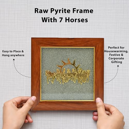 Image of ZAICUS Pyrite Stone Frame with 7 Running Horses | Positive Energy Wall Hanging for Living Room, Bedroom & Office | Vastu Showpiece for Money, Protection & Diwali Gift Decor