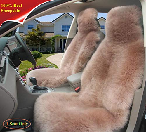 Sisha Winter Warm Authentic Australia Sheepskin Car Seat Cover Luxury Long Wool Front Seat Cover Fits Most Car, Truck, SUV, or Van (Cameo Brown)