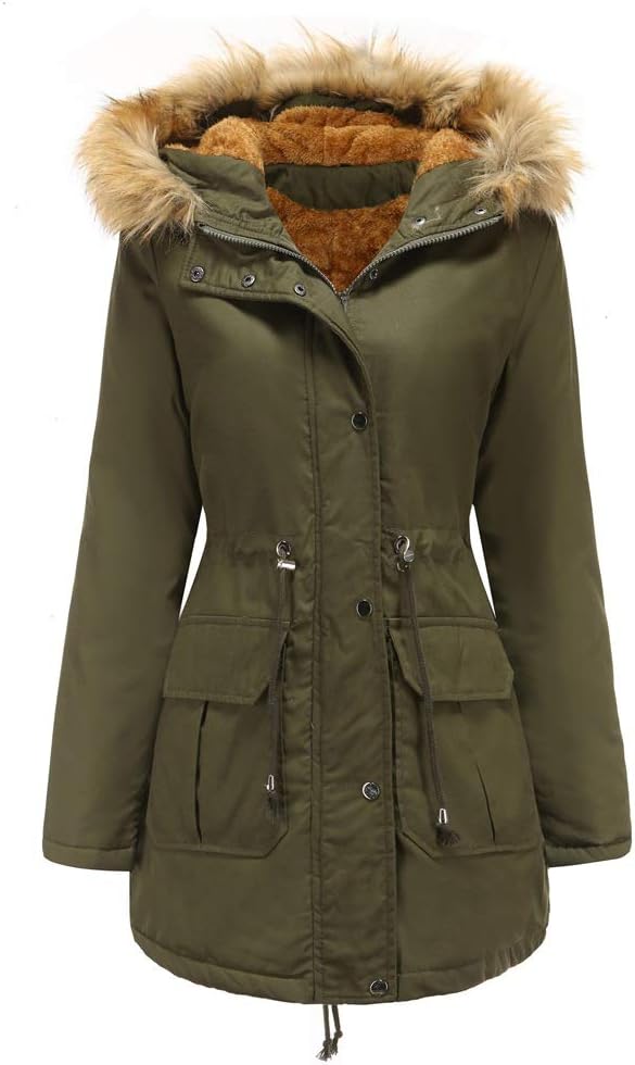 Mmoneyake Women's Quilted Winter Coat Hooded Warm Fleece Lined Parka Thicken Puffer Jacket Drawstring Long Outwear Oversize
