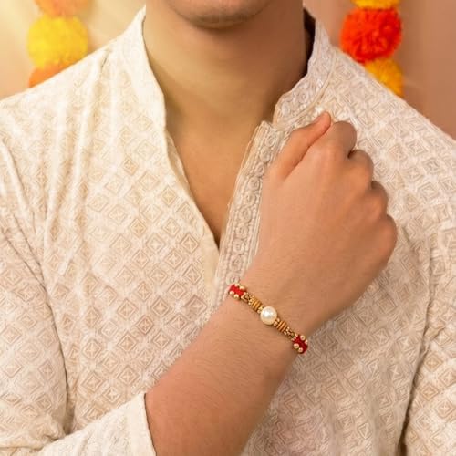 Image of Peora Rakhshabandhan Thread Rakhi for Brother Bhaiya | Kundan Beads & Crystal Studded | Combo Set of 2 | Rakhi Hamper Roli Chawal & Greeting Card