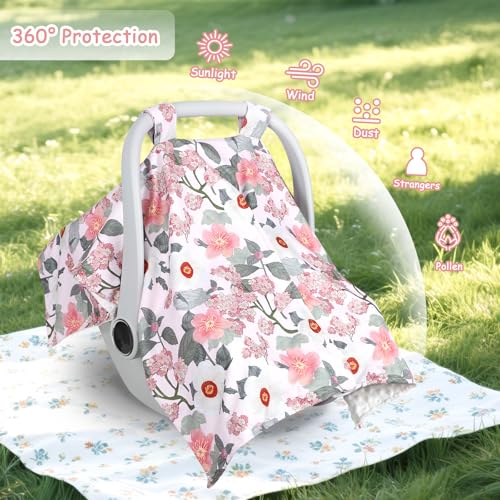 Image of TANOFAR Baby Carseat Canopy, Peekaboo Opening Car Seat Canopy for Babies, Soft and Breathable Infant Carrier Canopy, Multi-use Baby Carrier, Stroller, Nursing Cover, Minky Blanket, Retro Flower