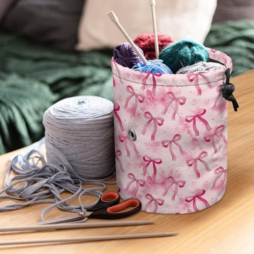 Image of Sellikakes Pink Bow Yarn Organizer Bag Tropical Flower Storage Holder for Crochet Hooks Needles Store Skein Ball Short Knitting Needles
