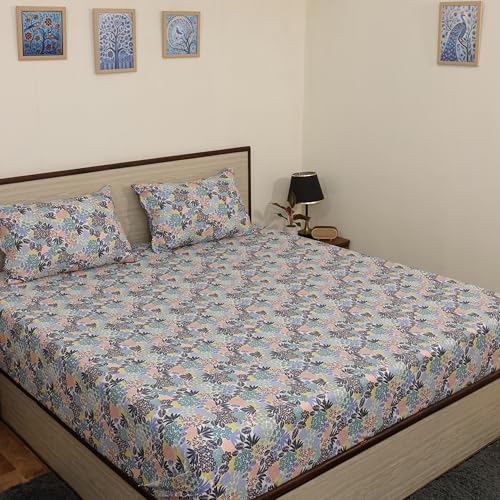 Image of King Size Bedsheet - Garden Floral Print - 108 x 108 Inches - Brushed Microfiber Flat Sheet with Pillow Covers - Soft, Cooling, Wrinkle & Fade Resistan