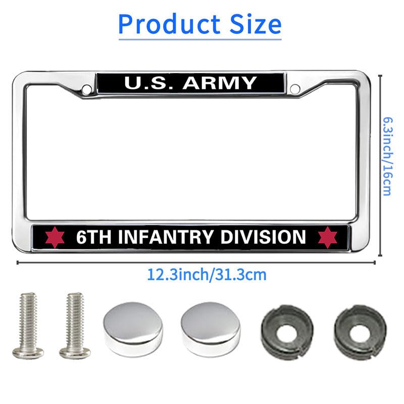 Image of US Army 6TH Infantry Division License Plate Frame Cover,Veteran US Army Pure Handmade Car Tag Plate Frame with Screws Caps Sets