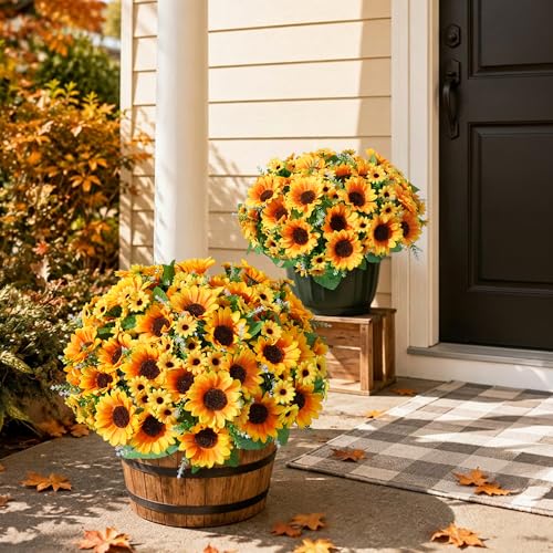 Image of Artificial Sunflowers for Outdoors, 10 Bunches Fake Sunflowers Artificial Flowers for Outdoors Decor, UV Resistant Realistic Faux Silk Flowers Bouquet for Outside Planter Porch Patio Garden Home Decor