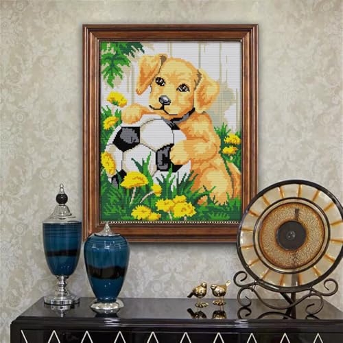 Image of JOYSEWING Pre Printed Counted Cross Stitch Kits DMC Classic Series Embroidery Starter Kits for Beginners DIY Gift Home Decoration 11CT 3 Strands - (Puppy and Football (Printed) 15.35 x18.11 inch)