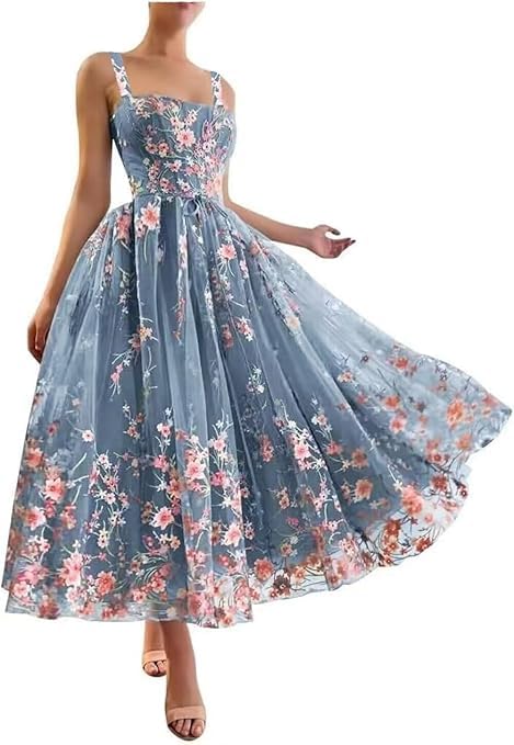 Bestickte Tüll-Ballkleider Abendkleider mit bauschigen Blumen-Spitzenärmeln Midi-Kleid mit Spaghettiträgern und Taschen Staubig Blau XS