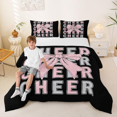 Image of Feelyou Cheer Comforter Set Full Size Pink Bowknot Bedding Set for Kids Boys Girls Sport Cheerleader Duvet Quilt Cheerleading Bedroom Decor Microfiber 3 Pcs with 2 Pillow Cases