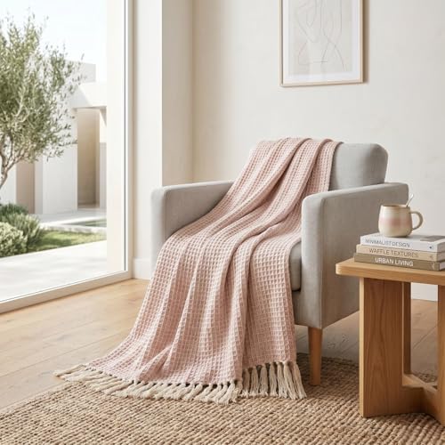 Image of SAJAVAT HOME Hand Crafted Cotton Sofa Throw Blanket | Baby Pink & Beige All-Season Throw for Sofa, Couch & Bed | Soft Lightweight Knitted Design with Tassels | 80x52 Inches (204x132 cm)