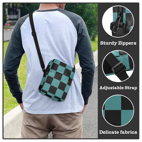 MCHIVER Small Messenger Bag Dark Teal Checkerboard Plaid Crossbody Bag for Men Women Travel Purse Wallet for Cycling Hiking Running4
