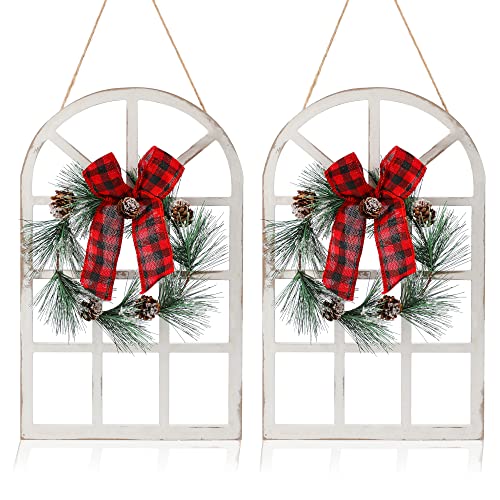 NEWLIGHTURE Wood Christmas Wall Hanging Decor, 2-Pack Rustic Christmas Window Plaque Signs with Wreath for Indoor Outdoor, Farmhouse Holiday Wall Decor, Wooden Arch with Wreath Christmas Home Party