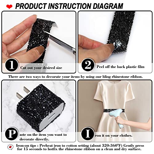Locacrystal Bling Crystal Resin Rhinestone Diamond Ribbon,Self-Adhesive Iron-On Diy Glitter Gem Stickers For Crafts Cars Clothing Decoration 3Cm 3Yard Black #TOP1