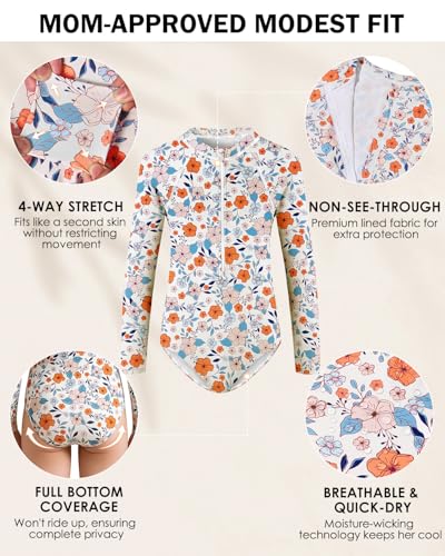 Image of Century Star UPF 50+ Girls Long Sleeve Swimsuit - Rash Guard Swimsuit Toddler Kids Teen One Piece Bathing Suit Zip 2-15Y