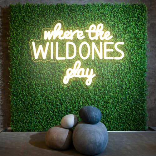 Image of Where the Wild Ones Play Neon Sign Dimmable Neon Signs for Wall Decor Letter LED Signs USB Light Up Sign for Playroom Wall Decor Playroom Decoration Essentials