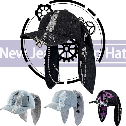 Image of Y2k Hat Punk Hats Denim Bunny Hat Chains Distressed Baseball Cap Kpop Outfits Y2k Grunge Hats for Women